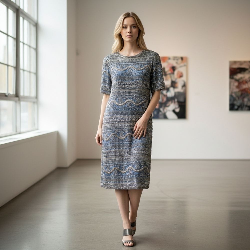 Heavy Vintage Gray Blue Silk Dress Hand Embellished in Silver Glass Beads | B. H